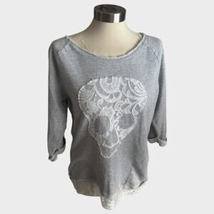 Chelsea & Violet Lace Skull Detail Top Sweatshirt Gray Small Cotton